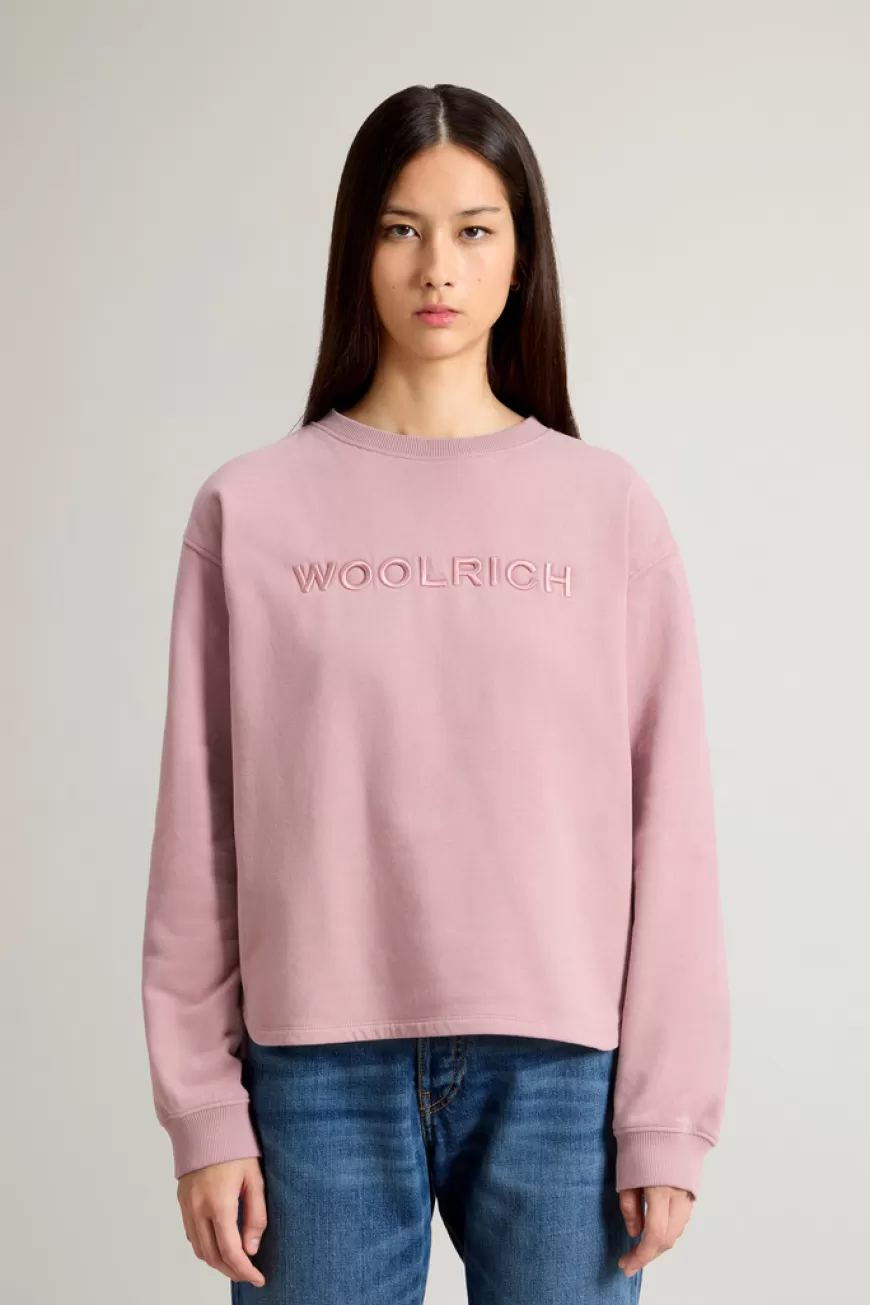 Sweatshirt mit Rundhalsausschnitt aus reiner Baumwolle mit aufgesticktem Schriftzug auf der Brust>Woolrich Store