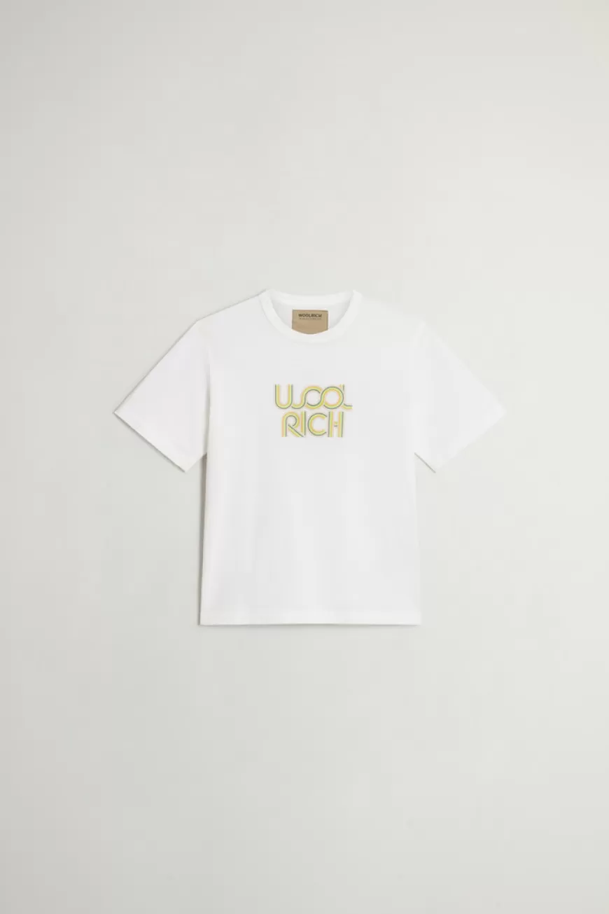 T-Shirt aus reiner Baumwolle für Jungen mit Logoprint auf der Brust>Woolrich Shop