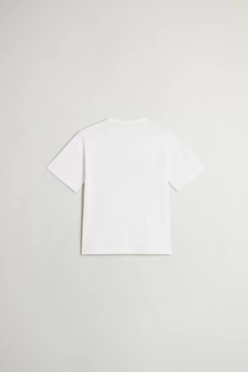 T-Shirt aus reiner Baumwolle für Jungen mit Logoprint auf der Brust>Woolrich Shop